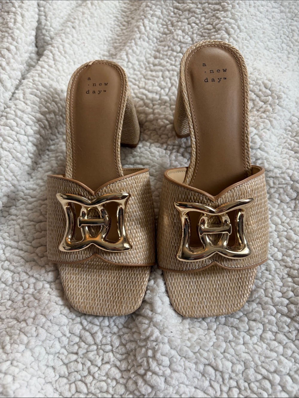a new day Tan Woven Block Heel Mules with Gold Accent